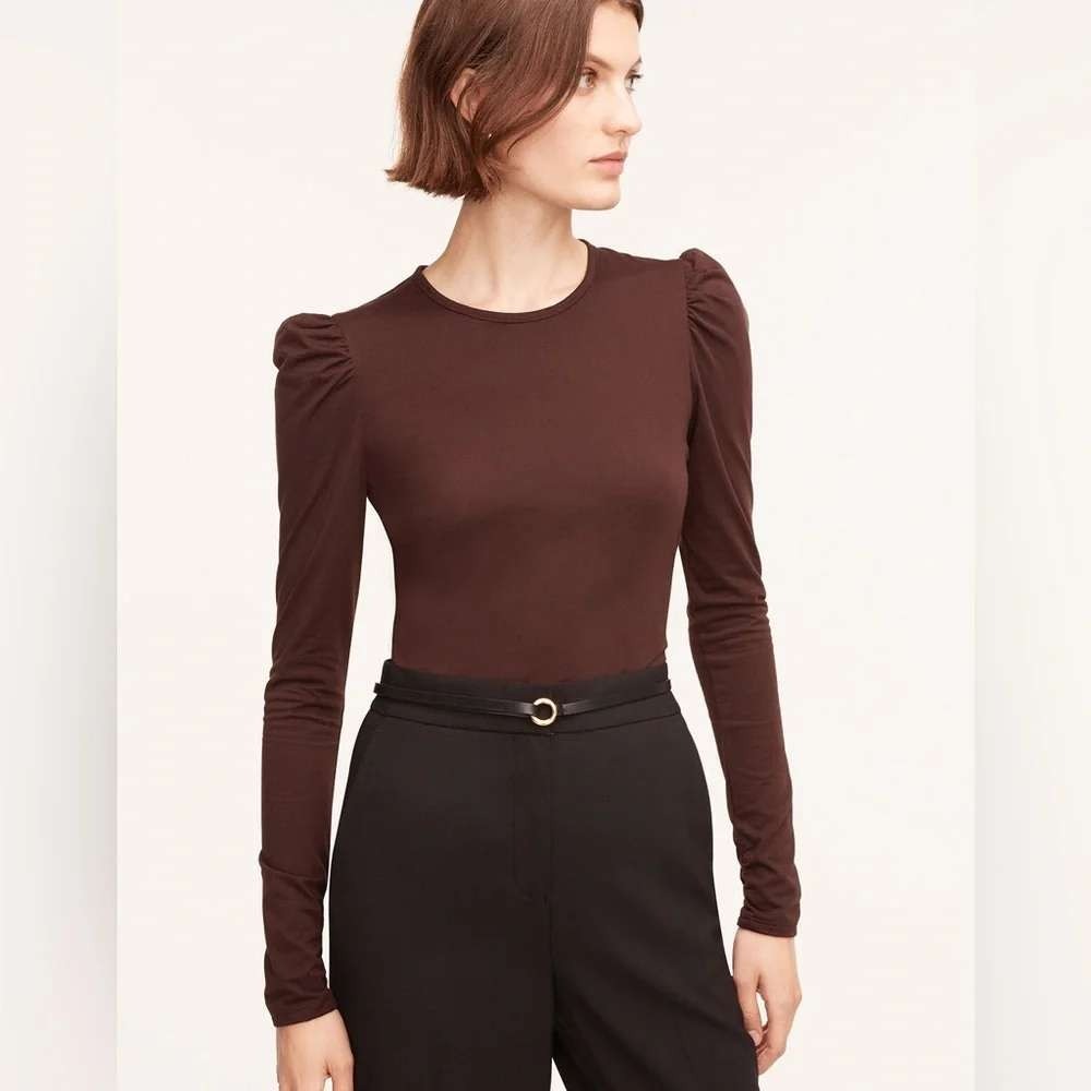 Rebecca Taylor Ruched Sleeve Puff Shoulder Top Small Brown Knit Crewneck Tee